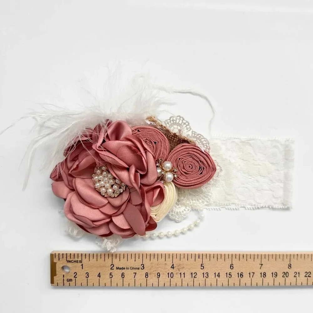 NWT Pretty Vintage Inspired Girls Headband Floral Beaded Lace Blush Mauve OS